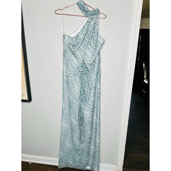 ELLE ZEITOUNE Blue Polka Dot Satin Halter Neckline Tie Waist Grace Gown Size L - Picture 9 of 16